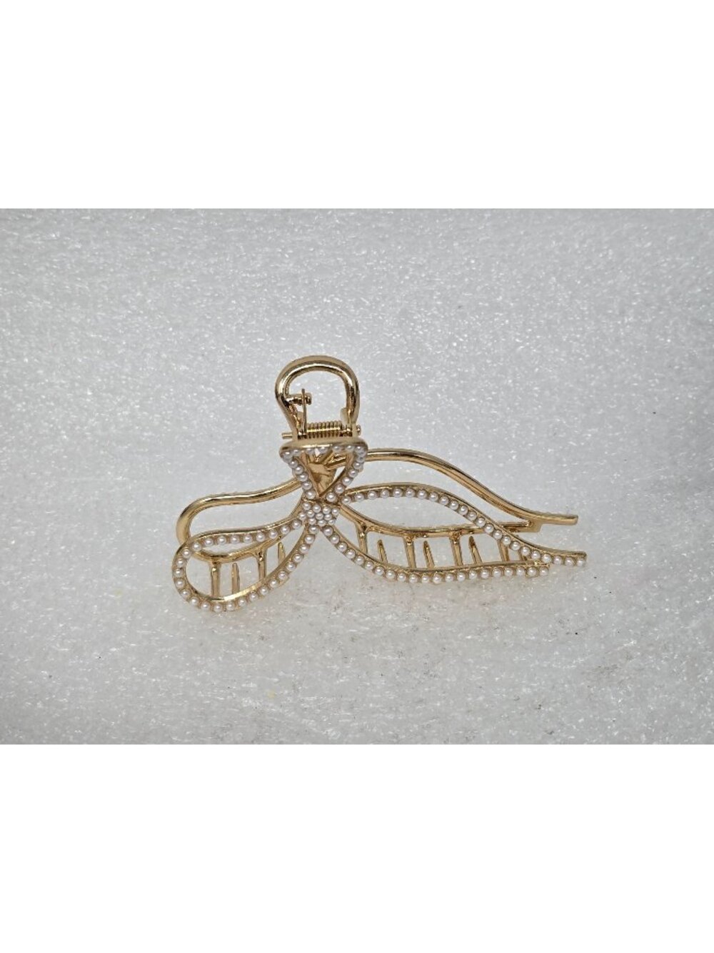 Gold-Tone Metal Bow Hair Claw Clip With Faux Pearl Detailing Elegant Stylish